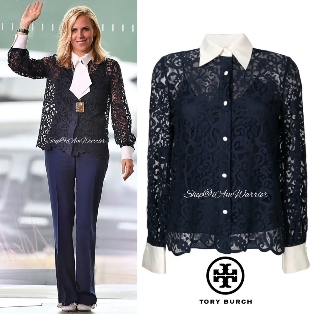 Tory Burch NWT navy lace blouse w/ ivory cuffs & collar with removable neck tie